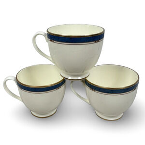 Pfaltzgraff Hampton Tea Cup 3.5" White Blue Gold Rim Bone‎ China USA Lot of 3
